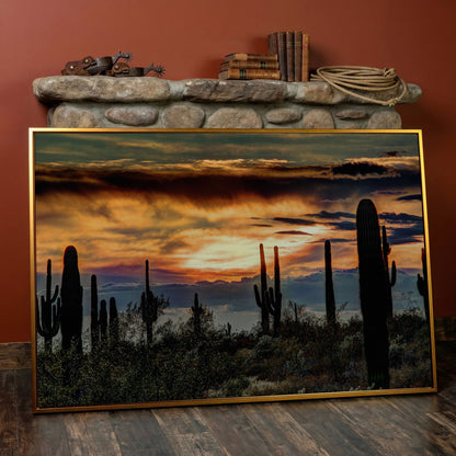 Sonoran Desert Sunset with Saguaro Cactus Canvas in antique gold floating frame