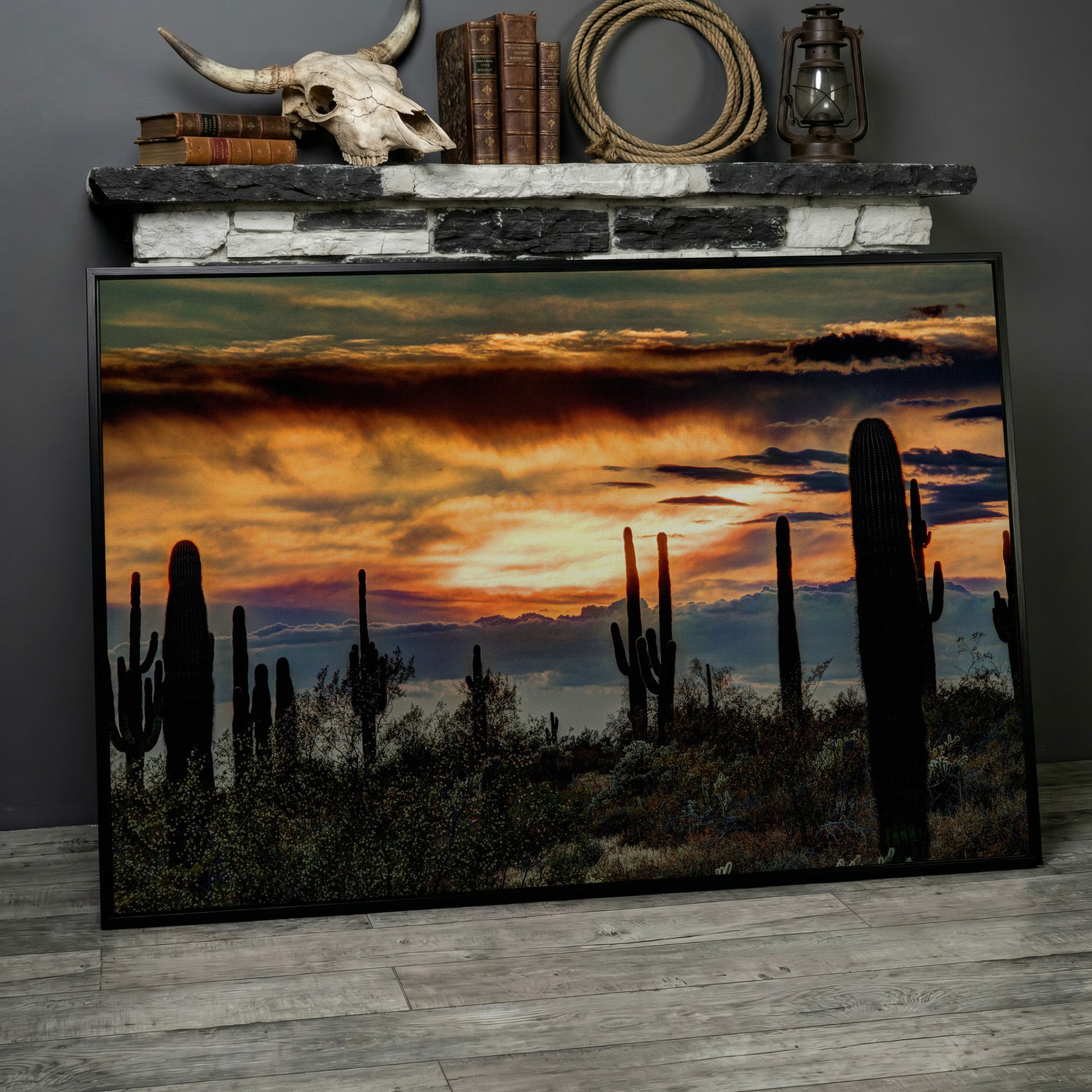 Sonoran Desert Sunset with Saguaro Cactus Canvas in black floating frame
