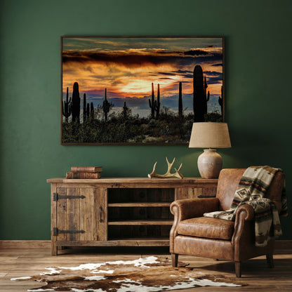 Sonoran Desert Sunset with Saguaro Cactus Canvas in dark walnut floating frame
