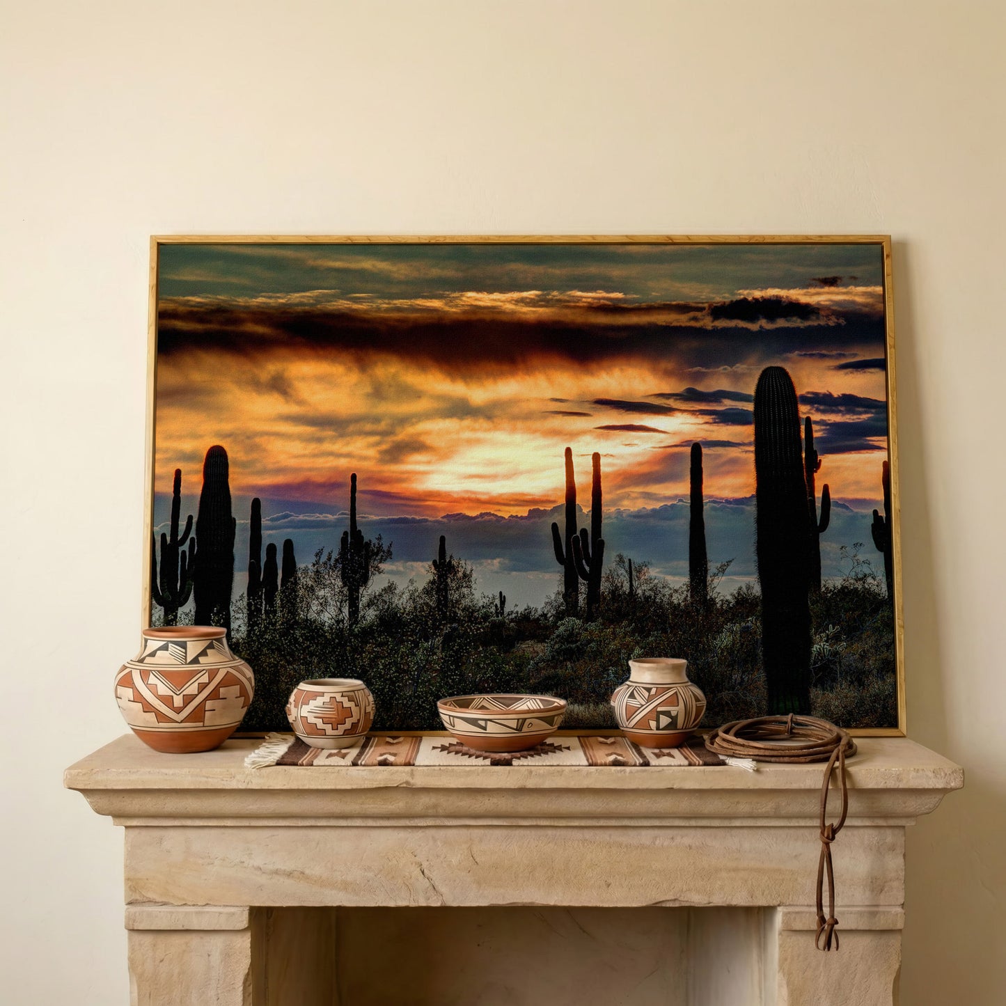 Sonoran Desert Sunset with Saguaro Cactus Canvas in white oak floating frame
