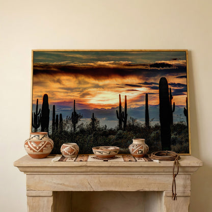 Sonoran Desert Sunset with Saguaro Cactus Canvas in white oak floating frame