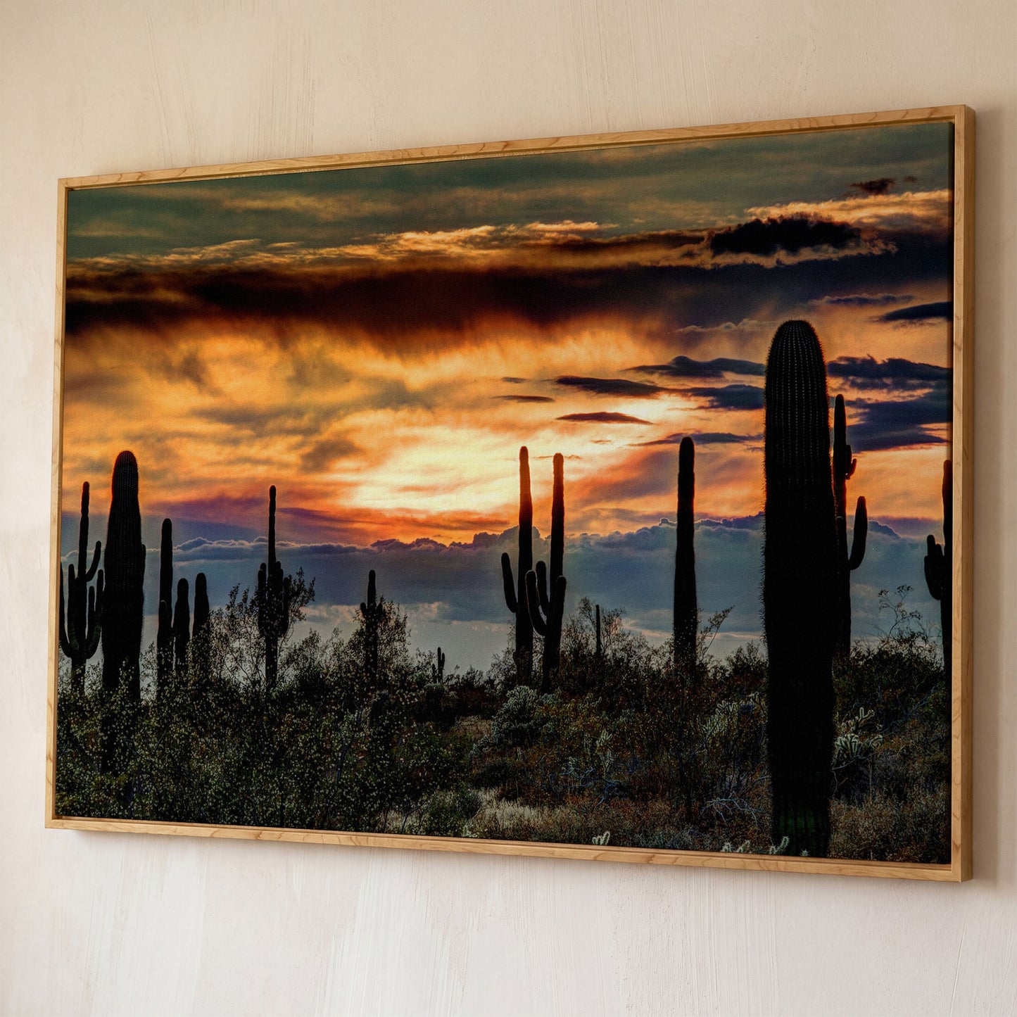 Sonoran Desert Sunset with Saguaro Cactus Canvas shown in white oak floating frame
