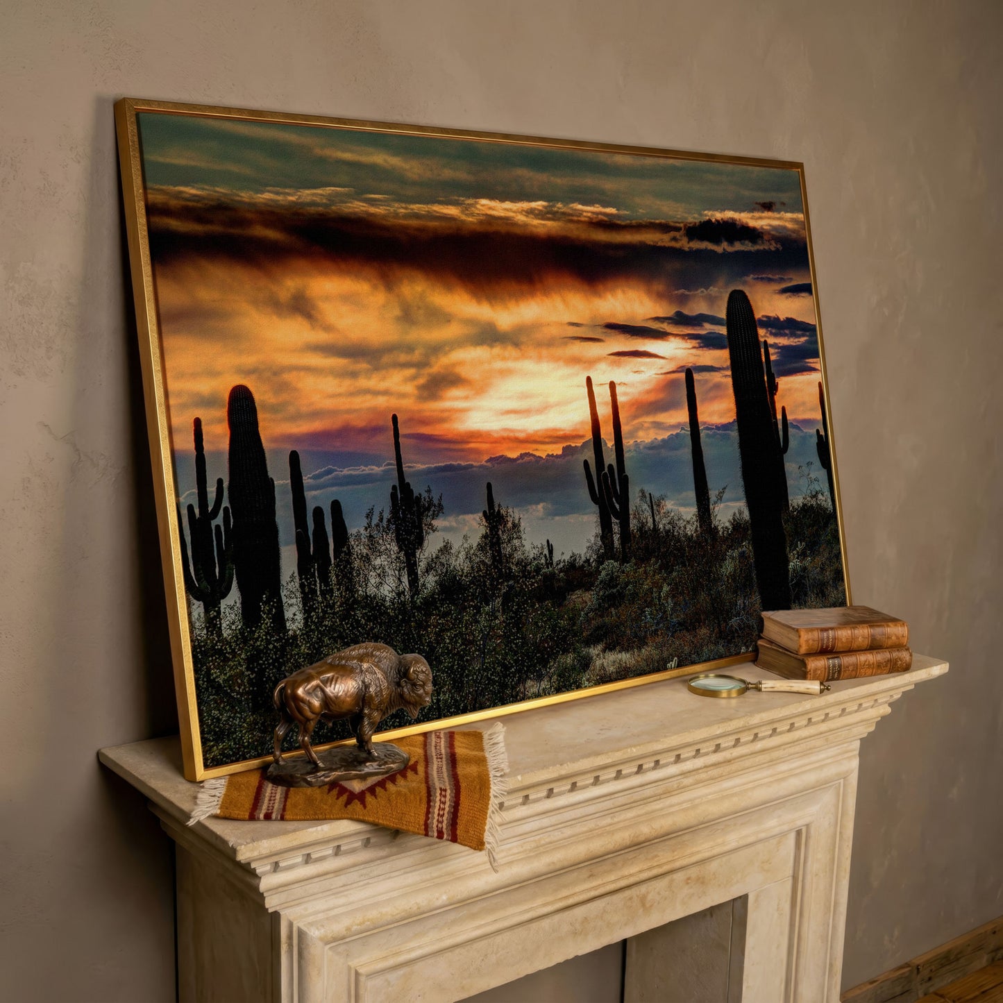 Sonoran Desert Sunset with Saguaro Cactus Canvas in rose gold floating frame