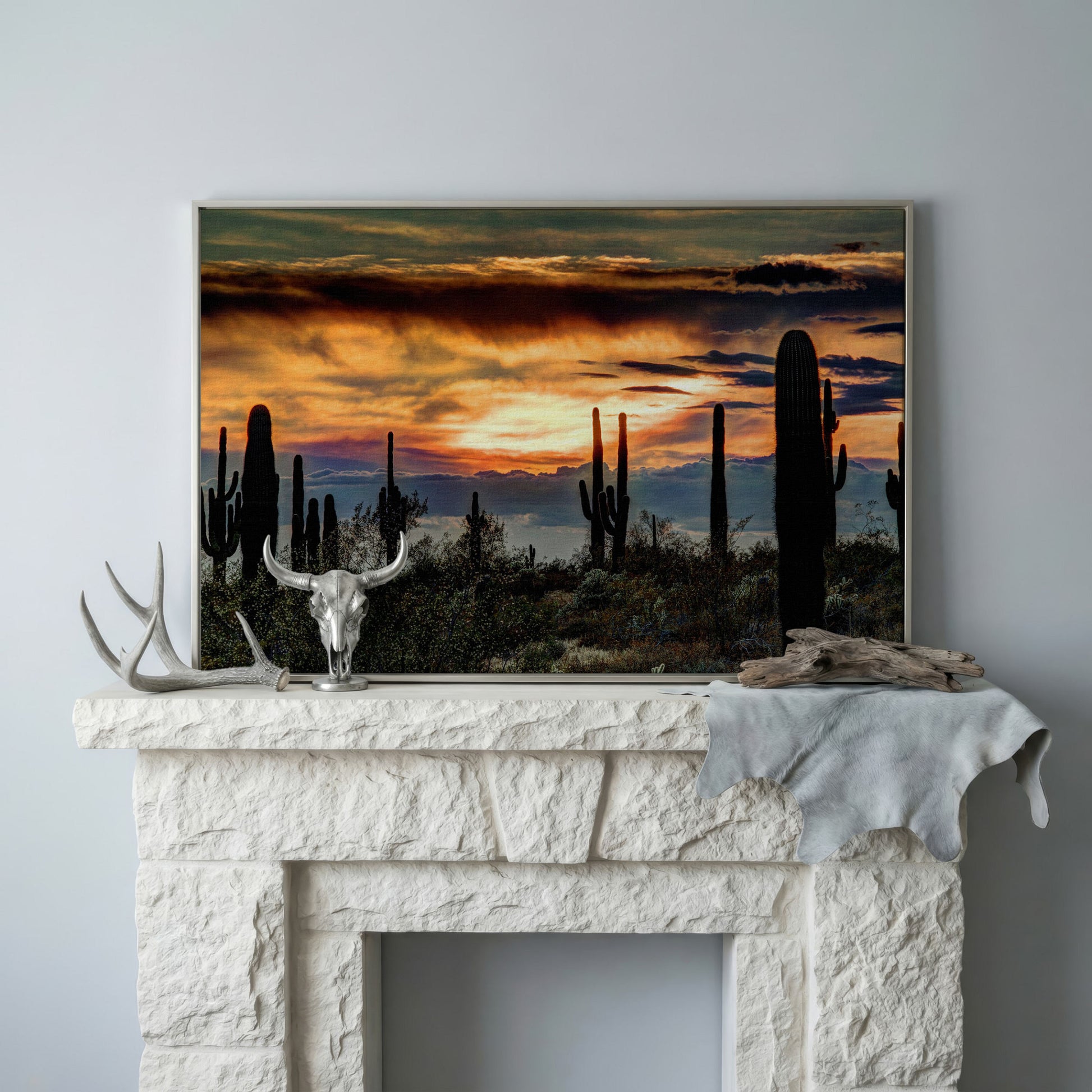 Sonoran Desert Sunset with Saguaro Cactus Canvas in silver floating frame