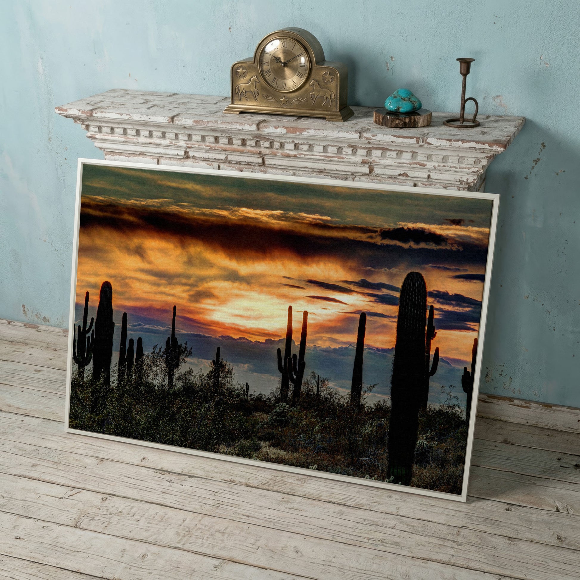 Sonoran Desert Sunset with Saguaro Cactus Canvas in white floating frame