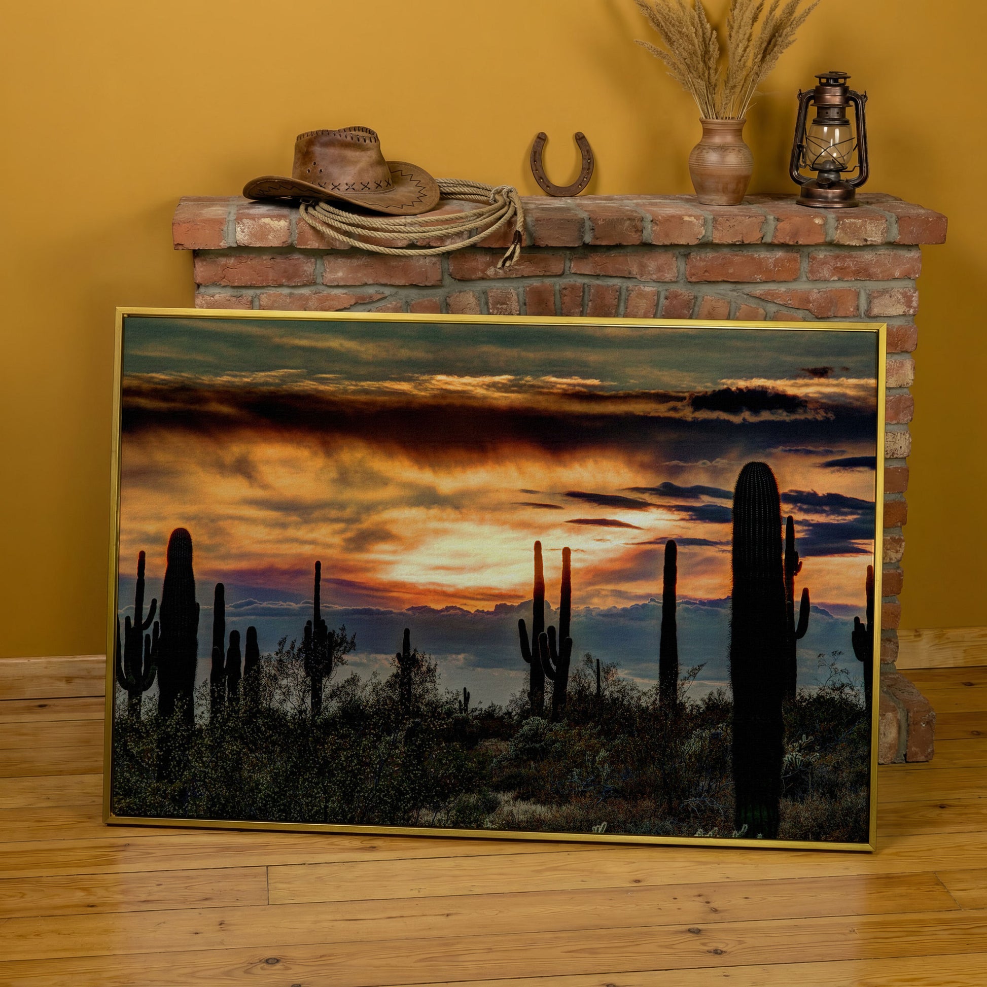 Sonoran Desert Sunset with Saguaro Cactus Canvas in yellow gold floating frame