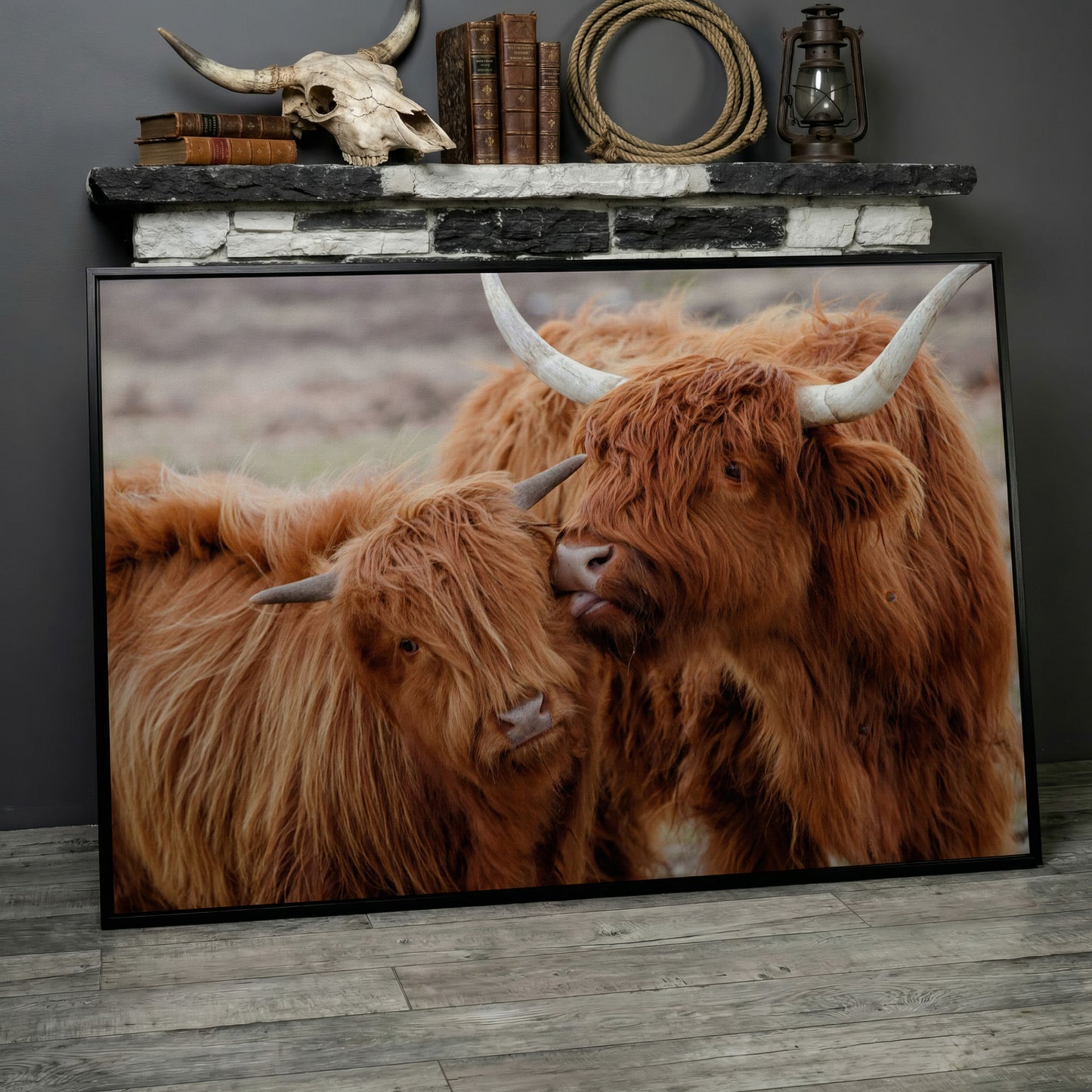 Scottish Highlanders Canvas Print in black floating frame