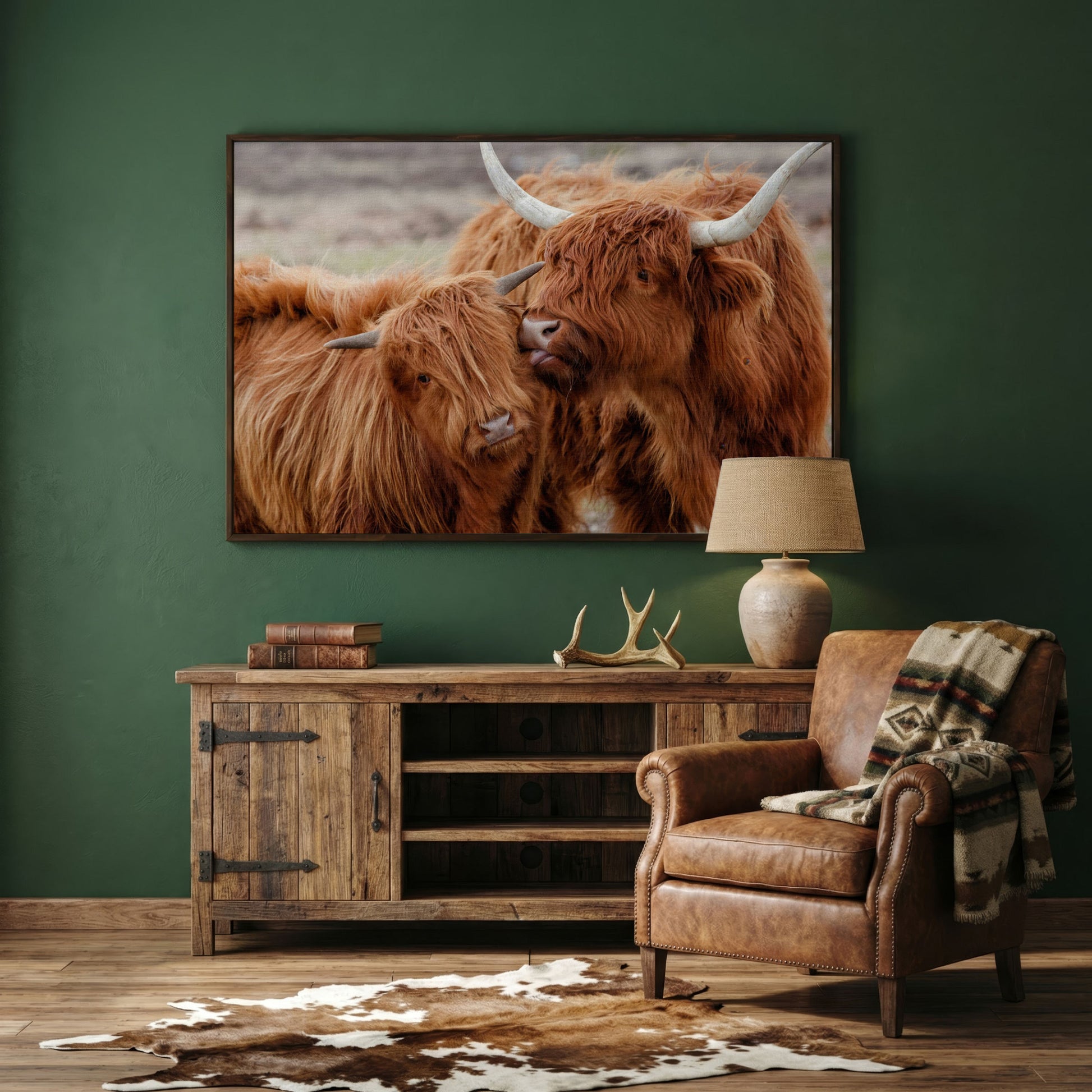Scottish Highlanders Canvas Print in dark walnut floating frame