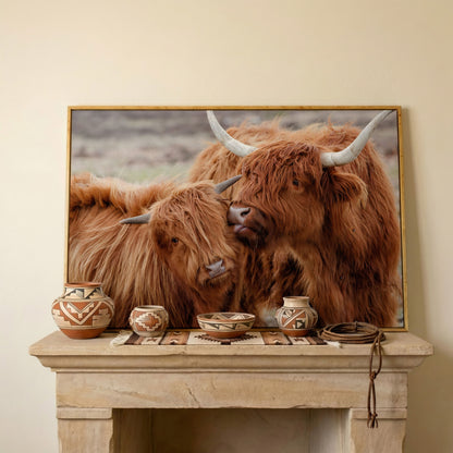 Scottish Highlanders Canvas Print in white oak floating frame