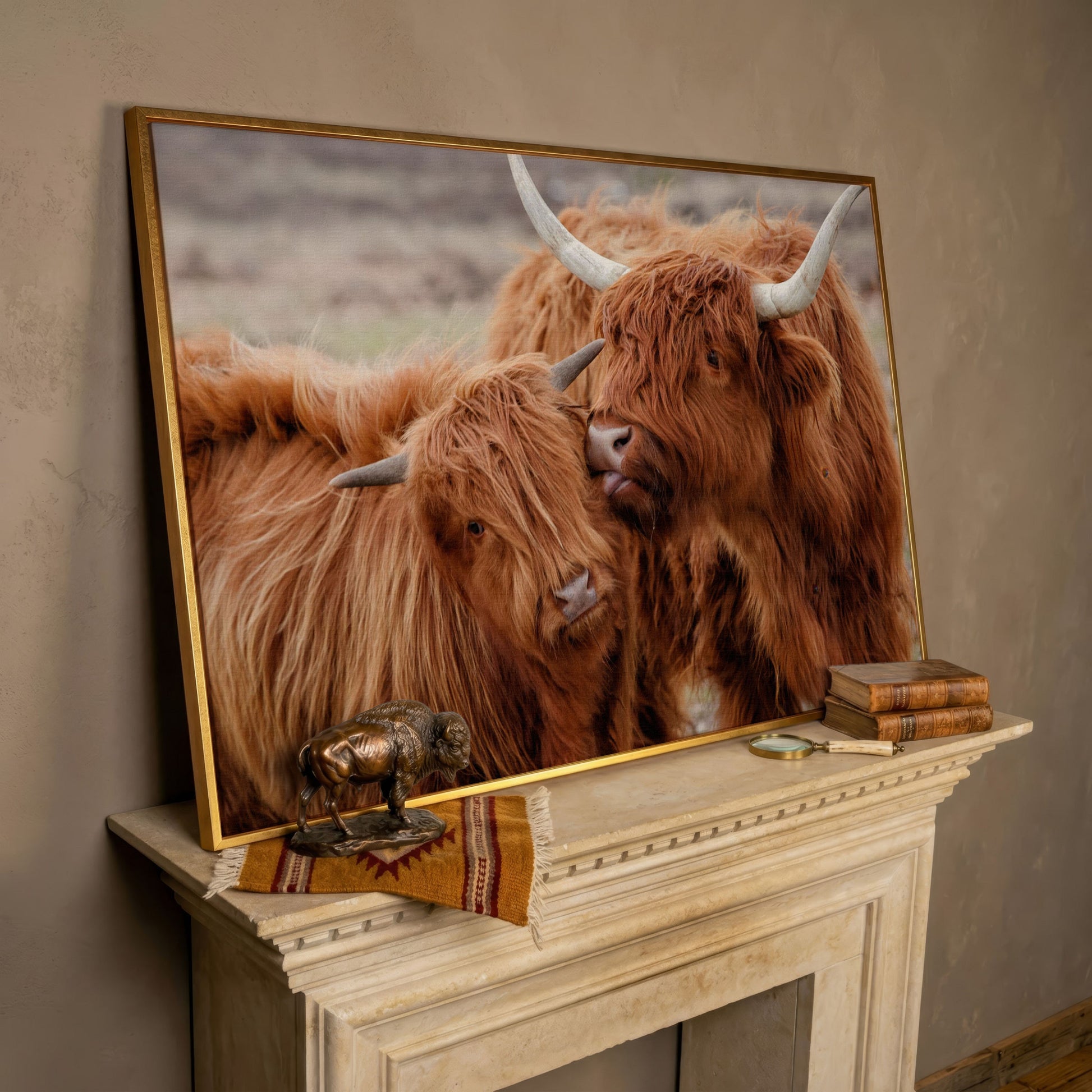 Scottish Highlanders Canvas Print in rose gold floating frame