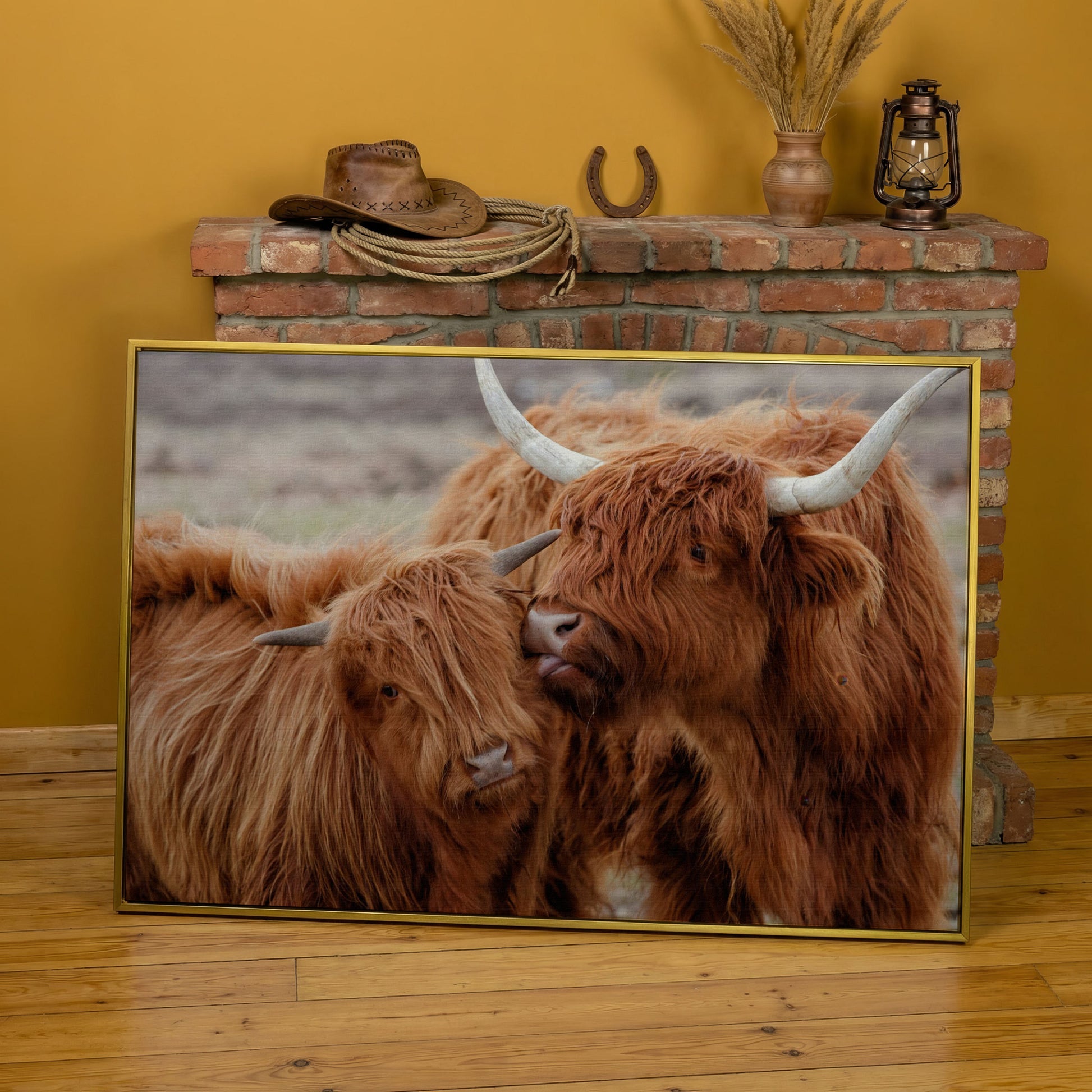Scottish Highlanders Canvas Print in yellow gold floating frame