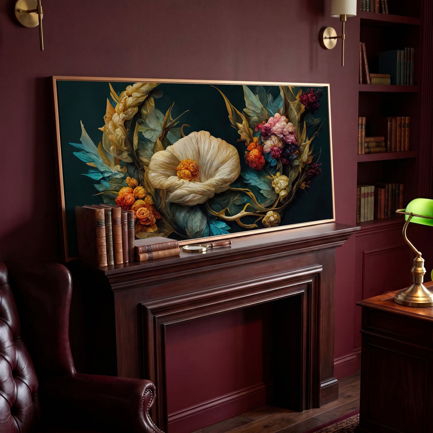 Dark Floral Canvas Art with Creamy White Bloom and Roses in antique gold floating frame