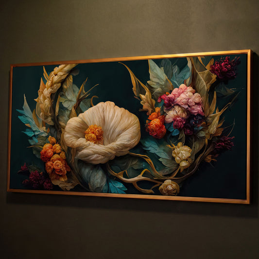Dark Floral Canvas Art with Creamy White Bloom and Roses shown in antique gold floating frame