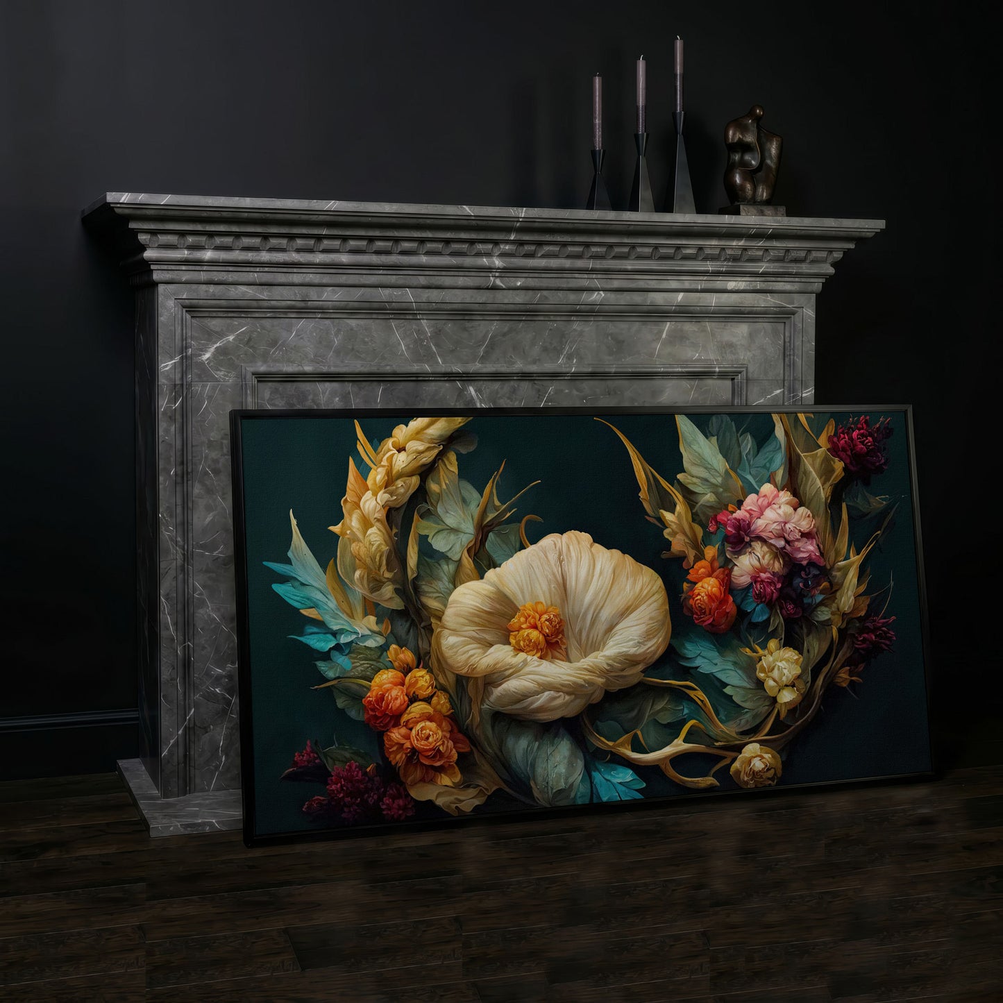 Dark Floral Canvas Art with Creamy White Bloom and Roses in black floating frame