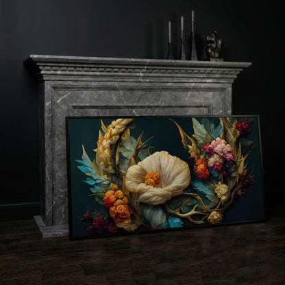 Dark Floral Canvas Art with Creamy White Bloom and Roses in black floating frame