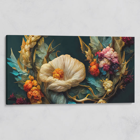 Dark Floral Canvas Art with Creamy White Bloom and Roses on gallery wrap