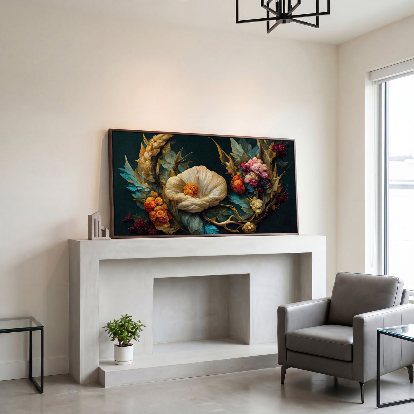 Dark Floral Canvas Art with Creamy White Bloom and Roses in dark walnut floating frame