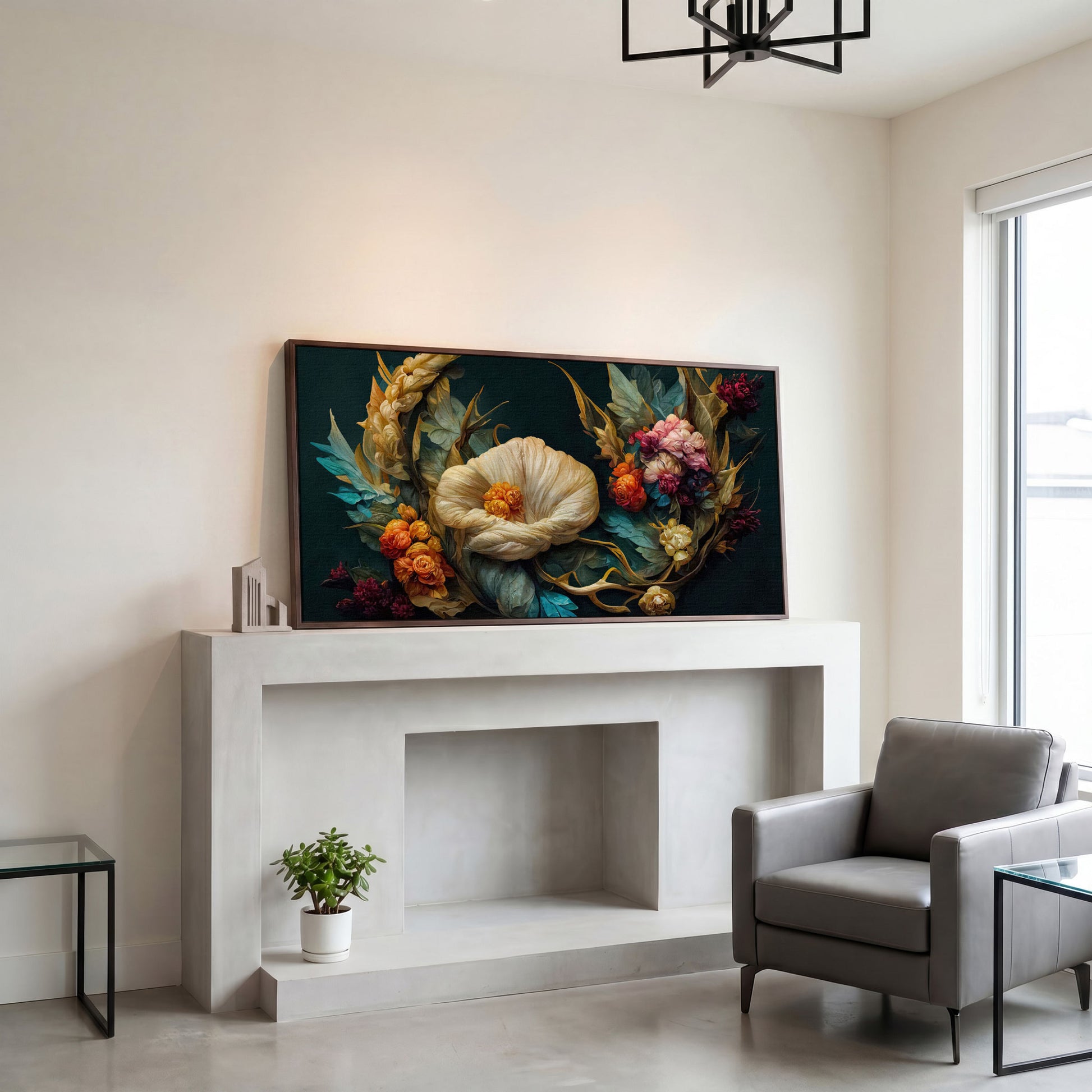 Dark Floral Canvas Art with Creamy White Bloom and Roses in dark walnut floating frame