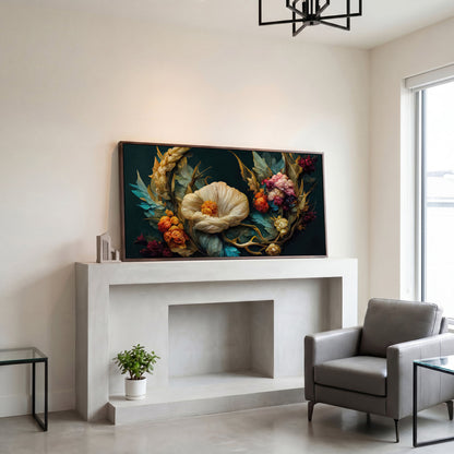 Dark Floral Canvas Art with Creamy White Bloom and Roses in dark walnut floating frame