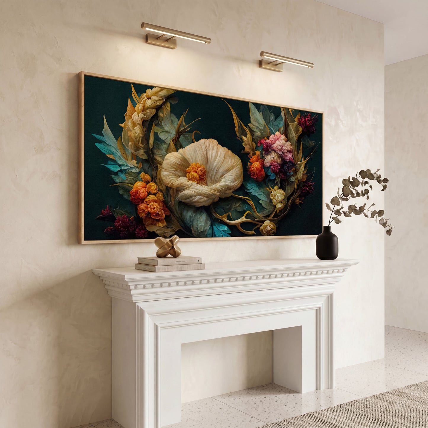 Dark Floral Canvas Art with Creamy White Bloom and Roses in white oak floating frame