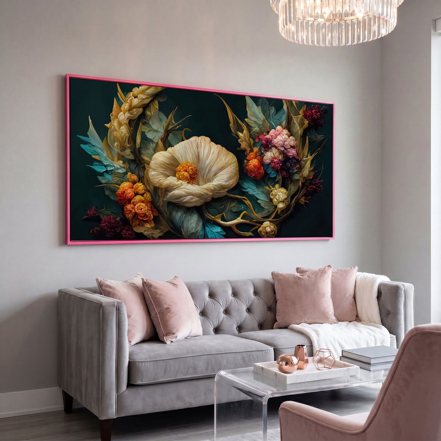 Dark Floral Canvas Art with Creamy White Bloom and Roses in pink floating frame