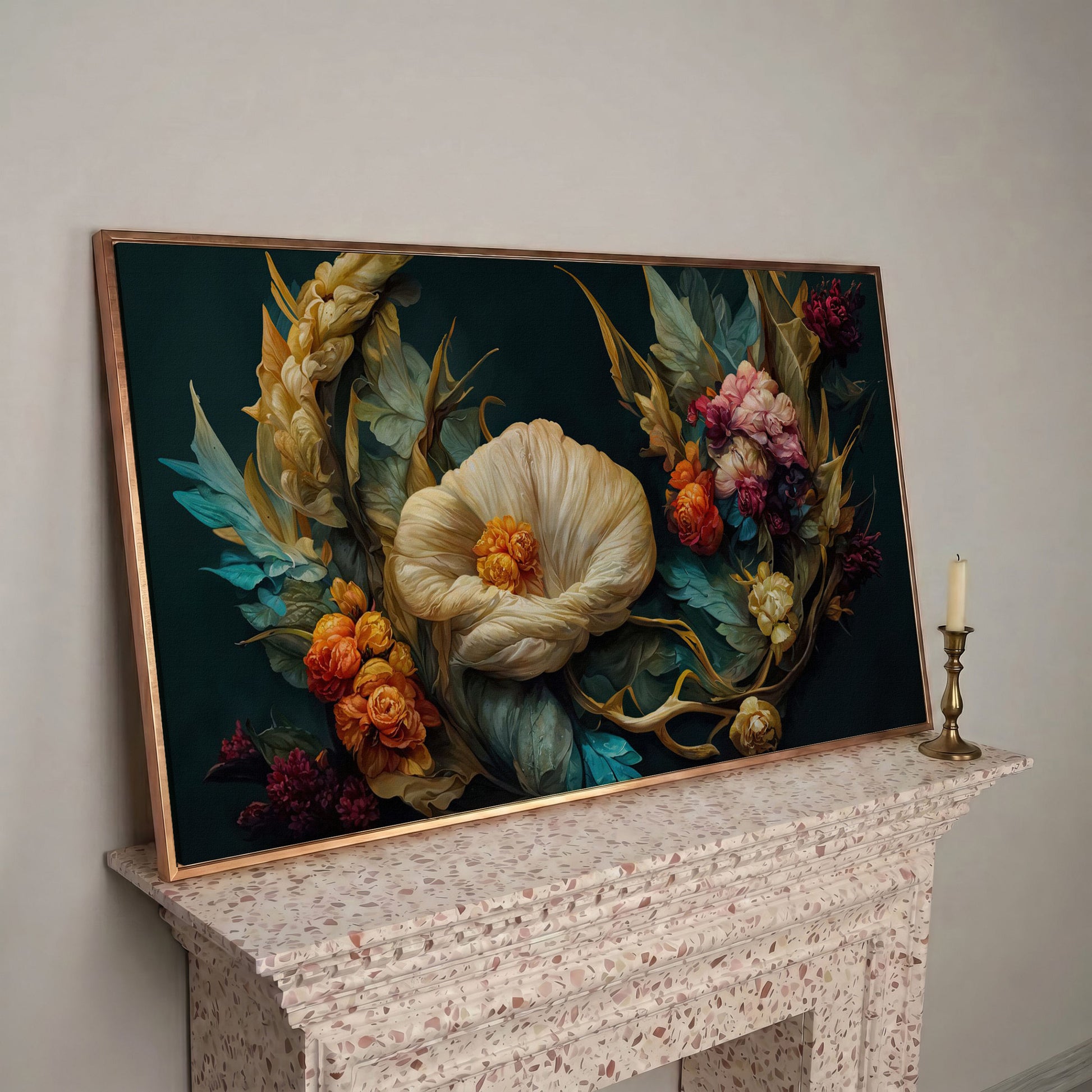 Dark Floral Canvas Art with Creamy White Bloom and Roses in rose gold floating frame