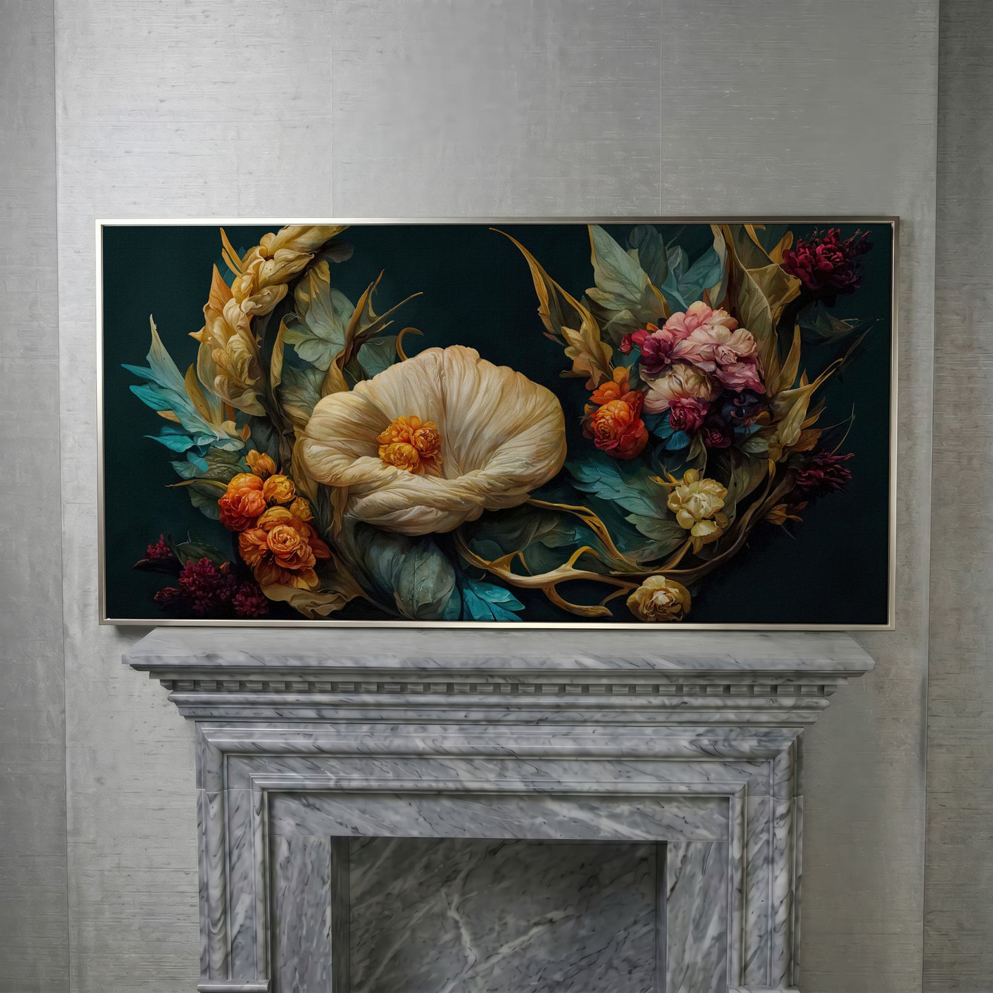 Dark Floral Canvas Art with Creamy White Bloom and Roses in silver floating frame