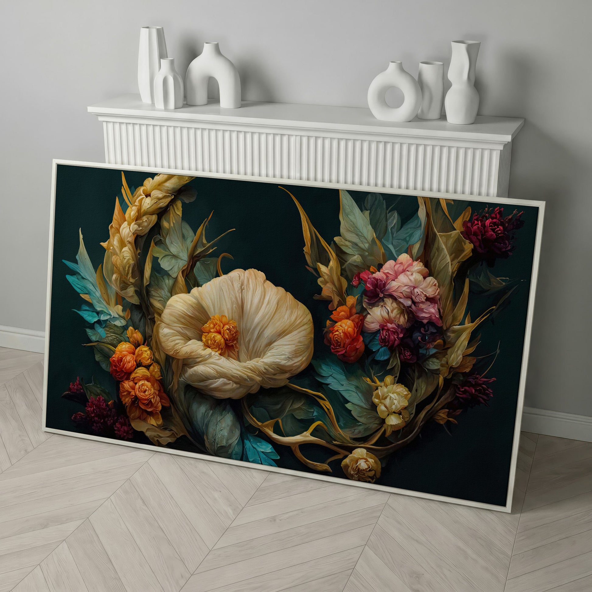 Dark Floral Canvas Art with Creamy White Bloom and Roses in white floating frame