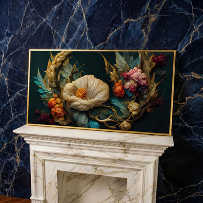 Dark Floral Canvas Art with Creamy White Bloom and Roses in yellow gold floating frame