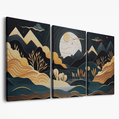 Full Moon Landscape Canvas with Golden Mountains as 3-panel split version