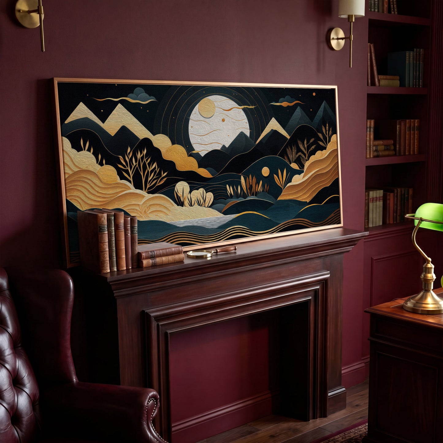Full Moon Landscape Canvas with Golden Mountains in antique gold floating frame