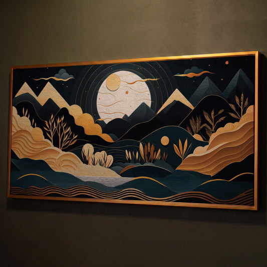 Full Moon Landscape Canvas with Golden Mountains shown in antique gold floating frame