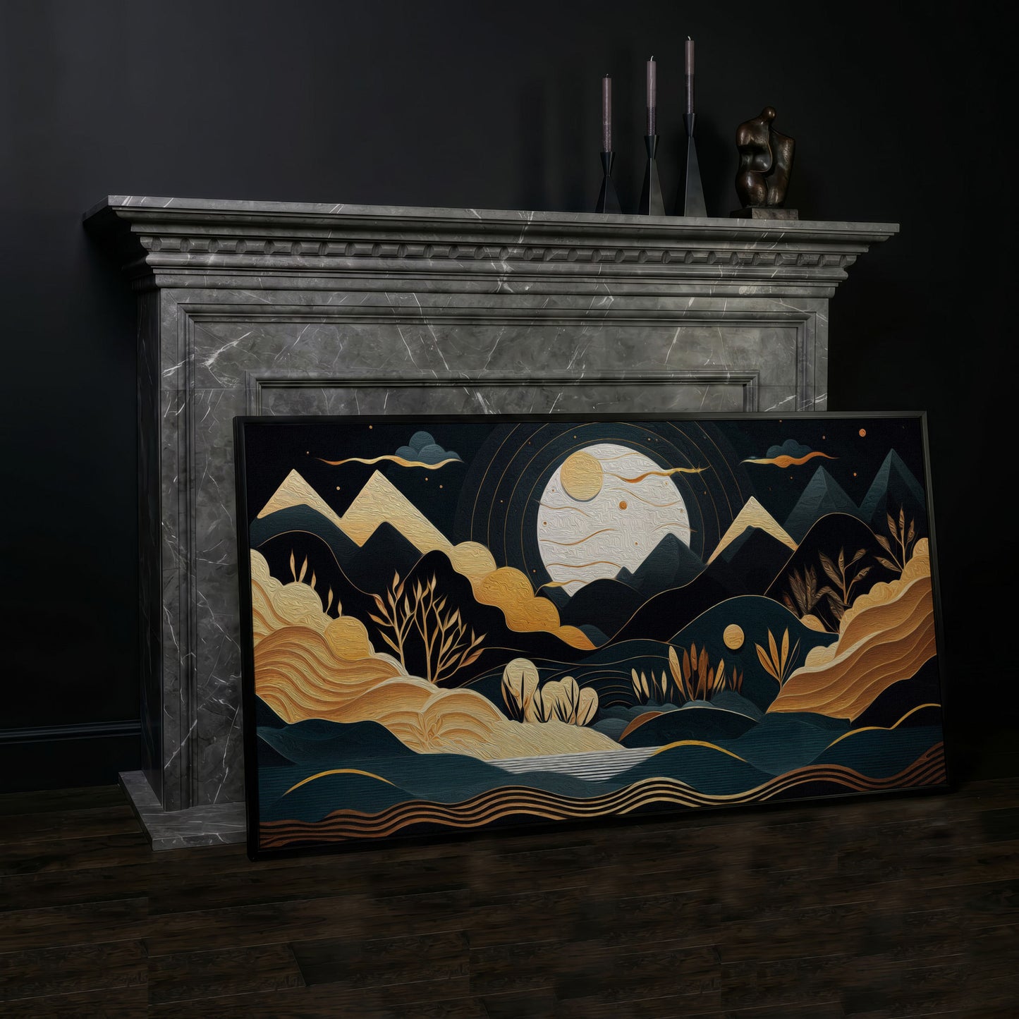 Full Moon Landscape Canvas with Golden Mountains in black floating frame
