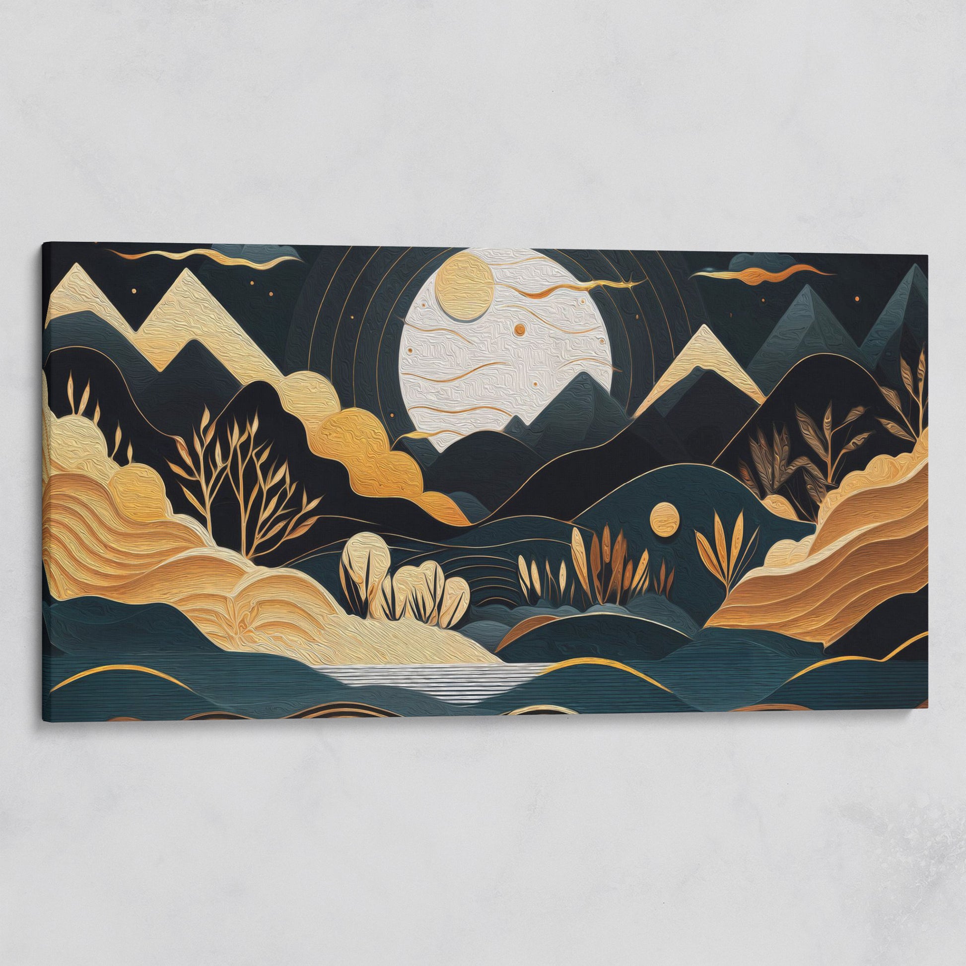 Full Moon Landscape Canvas with Golden Mountains on gallery wrap
