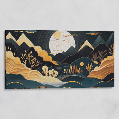 Full Moon Landscape Canvas with Golden Mountains on gallery wrap
