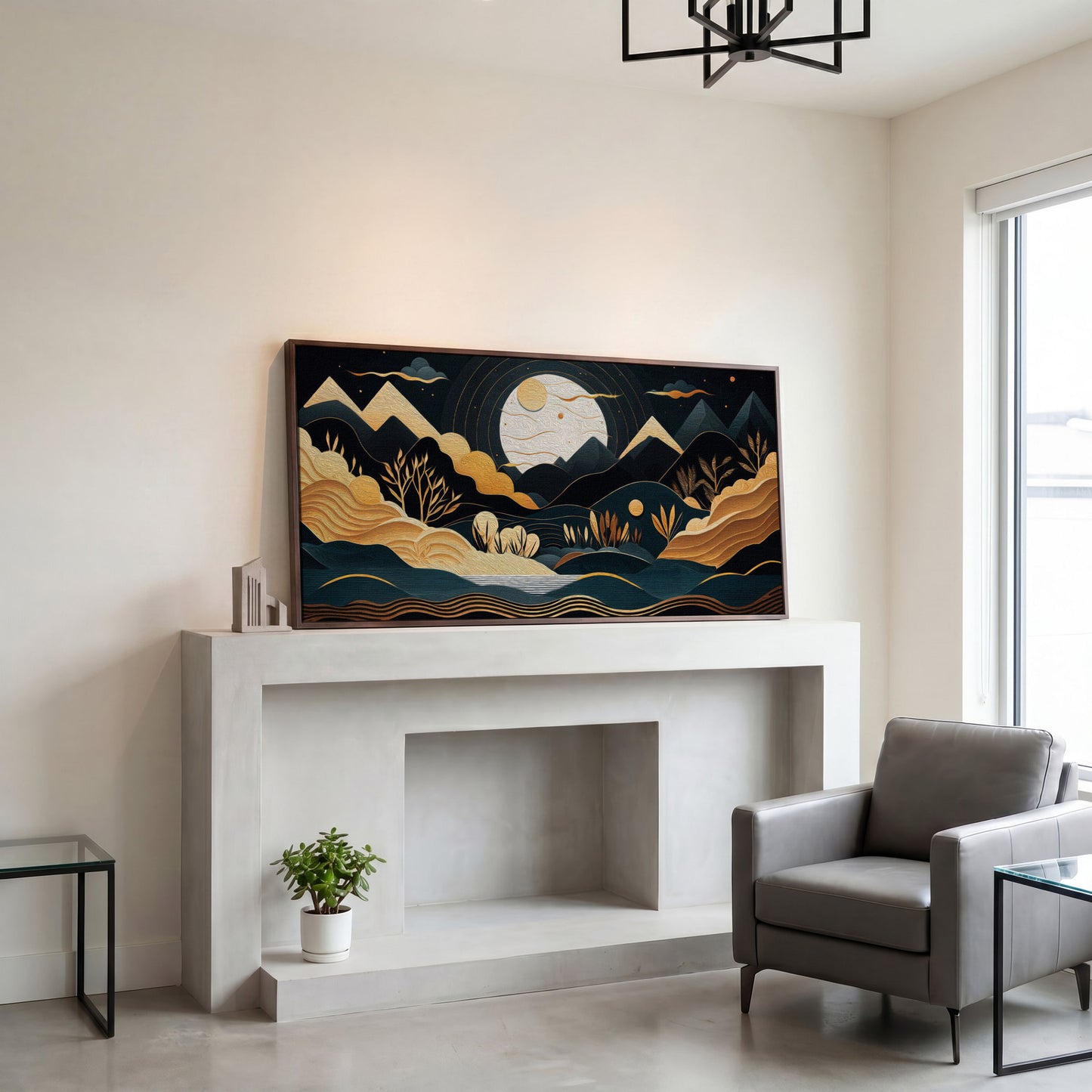 Full Moon Landscape Canvas with Golden Mountains in dark walnut floating frame