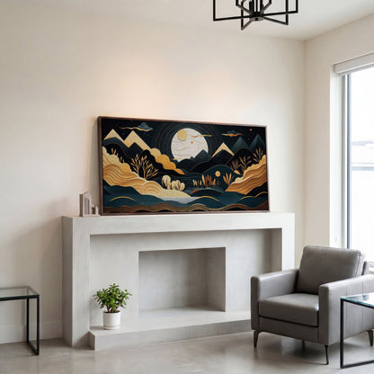 Full Moon Landscape Canvas with Golden Mountains in dark walnut floating frame
