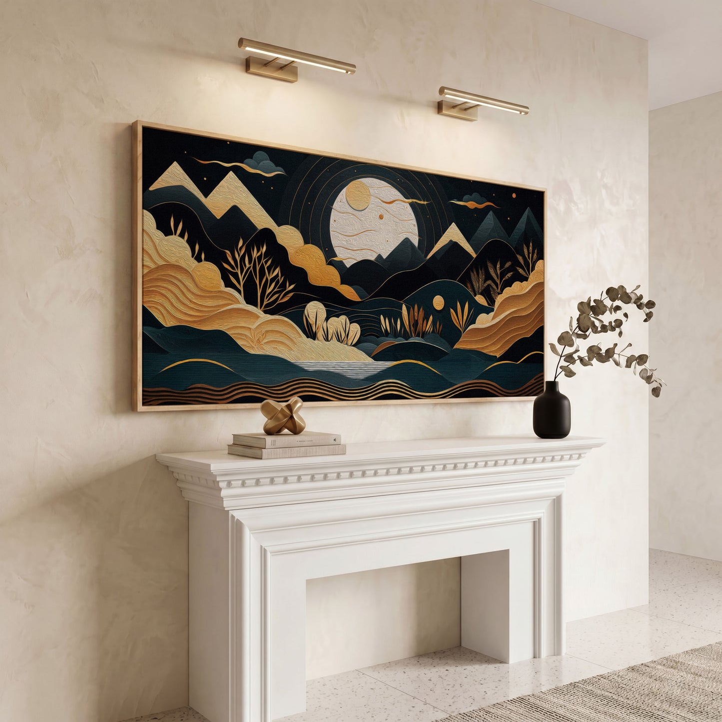 Full Moon Landscape Canvas with Golden Mountains in white oak floating frame