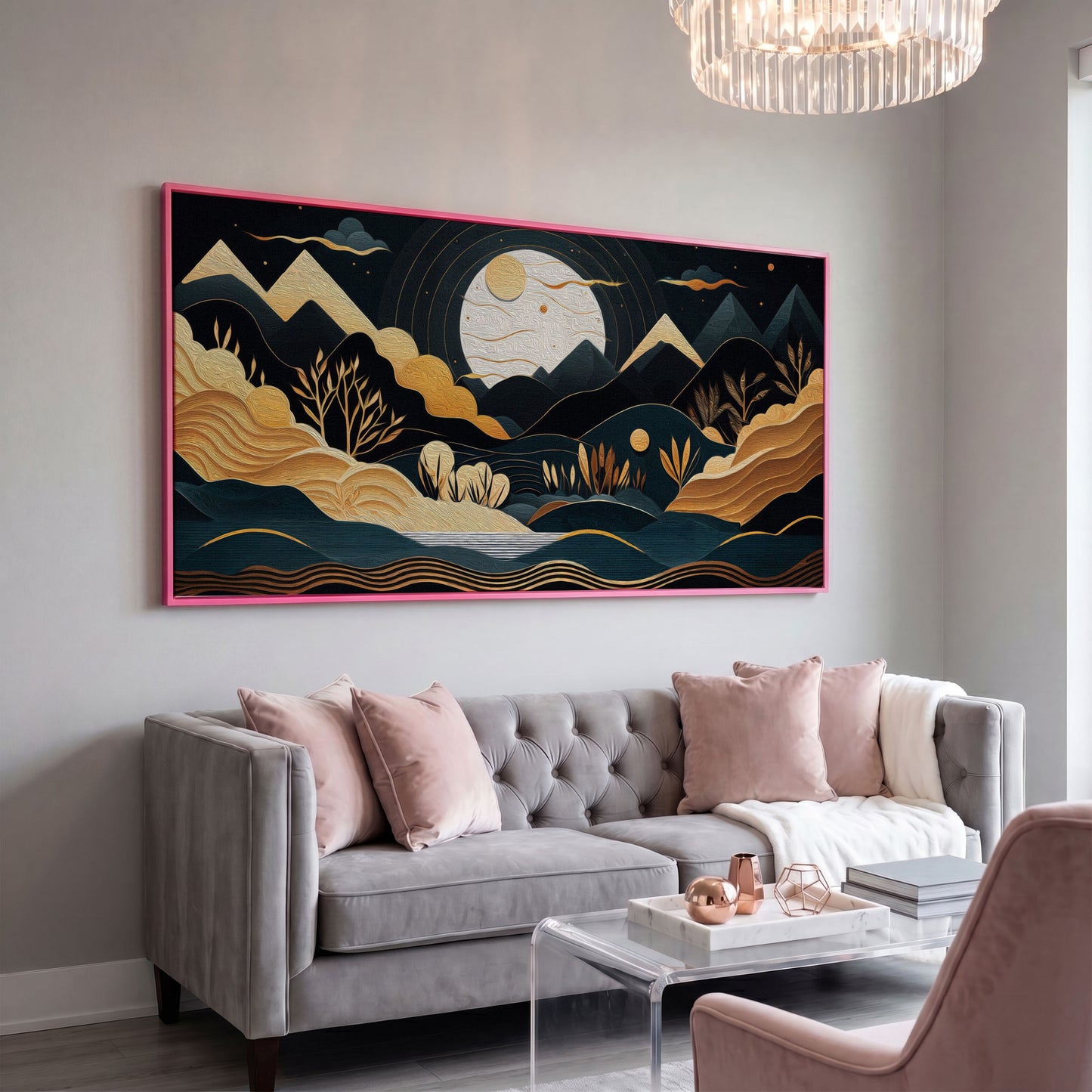 Full Moon Landscape Canvas with Golden Mountains in pink floating frame