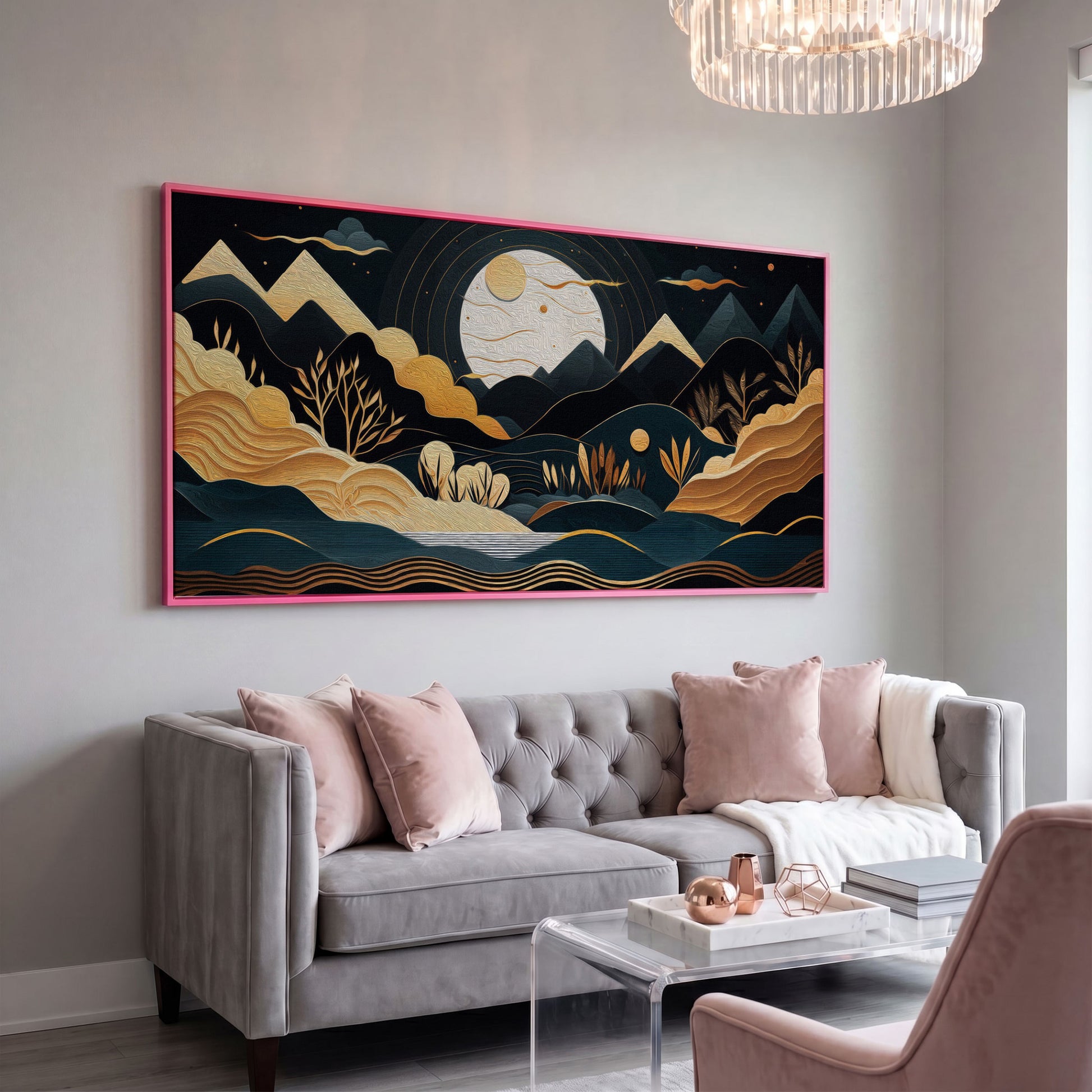 Full Moon Landscape Canvas with Golden Mountains in pink floating frame