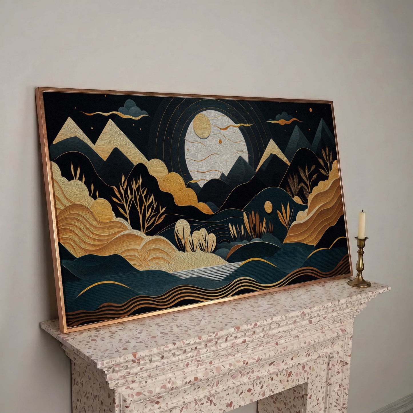 Full Moon Landscape Canvas with Golden Mountains in rose gold floating frame