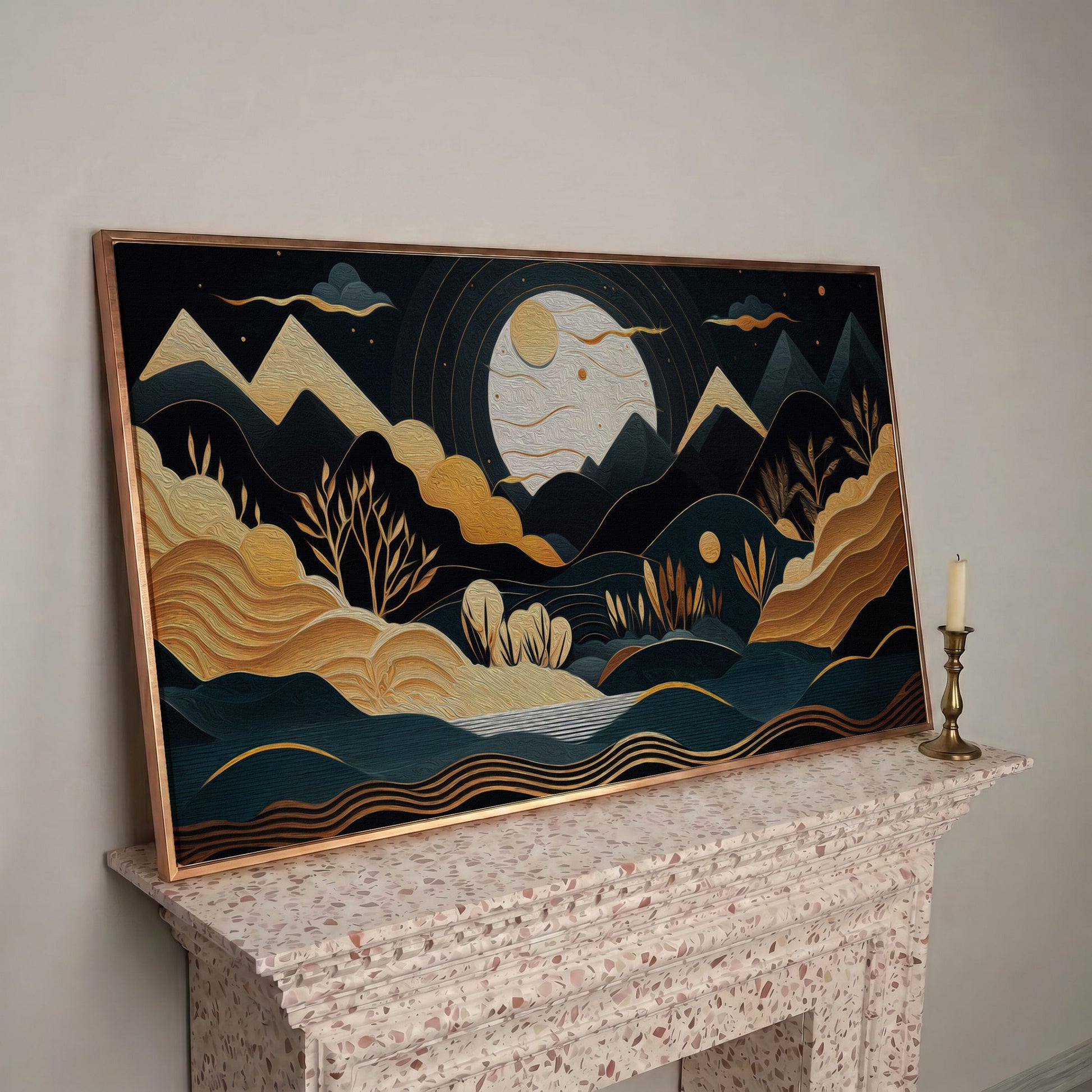 Full Moon Landscape Canvas with Golden Mountains in rose gold floating frame