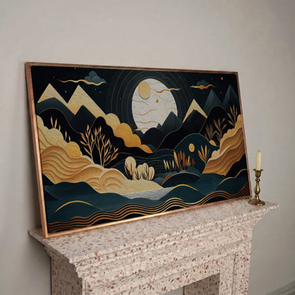 Full Moon Landscape Canvas with Golden Mountains in rose gold floating frame