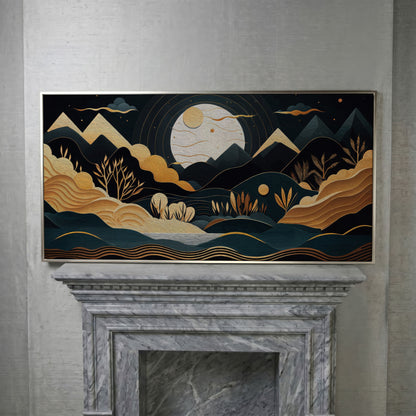 Full Moon Landscape Canvas with Golden Mountains in silver floating frame