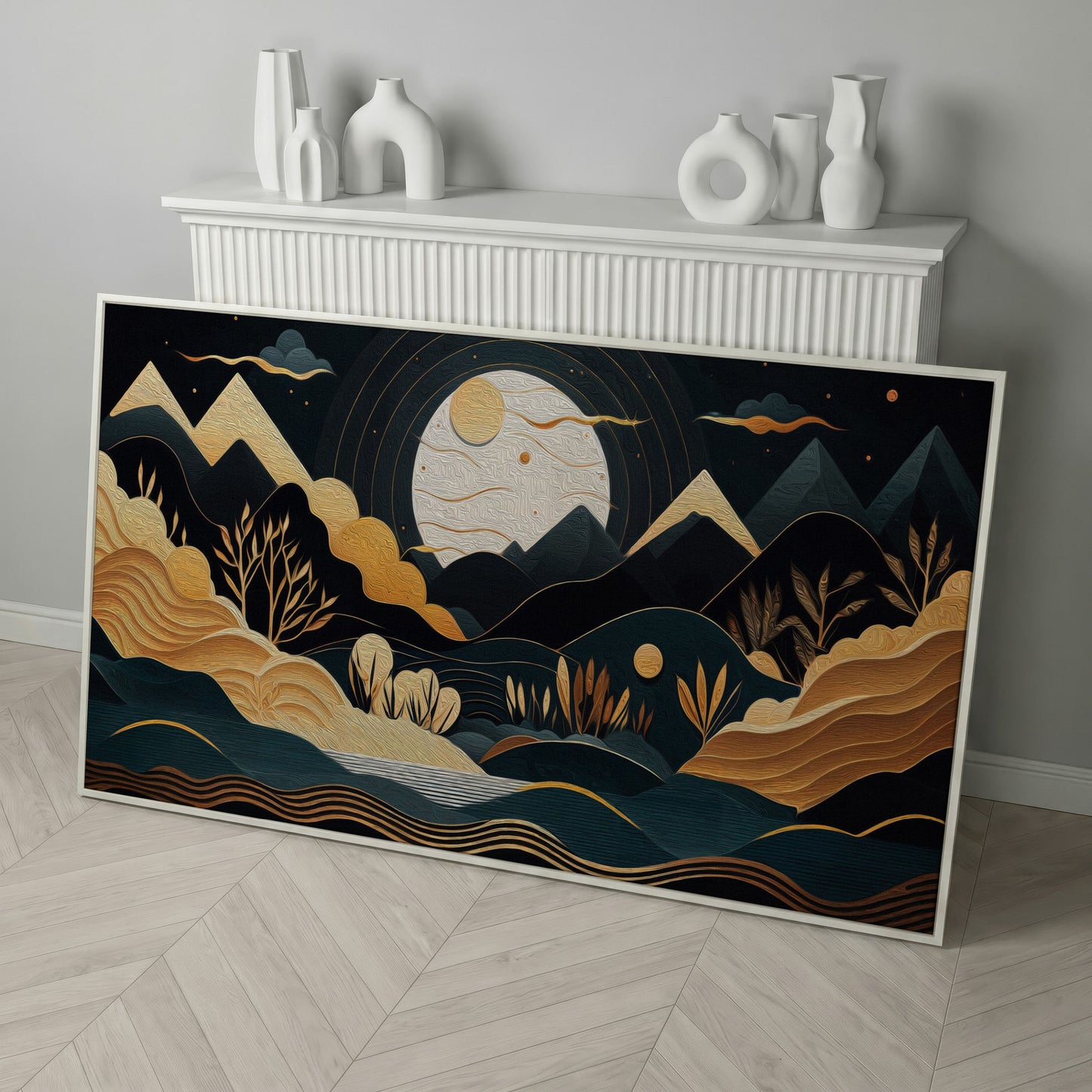 Full Moon Landscape Canvas with Golden Mountains in white floating frame
