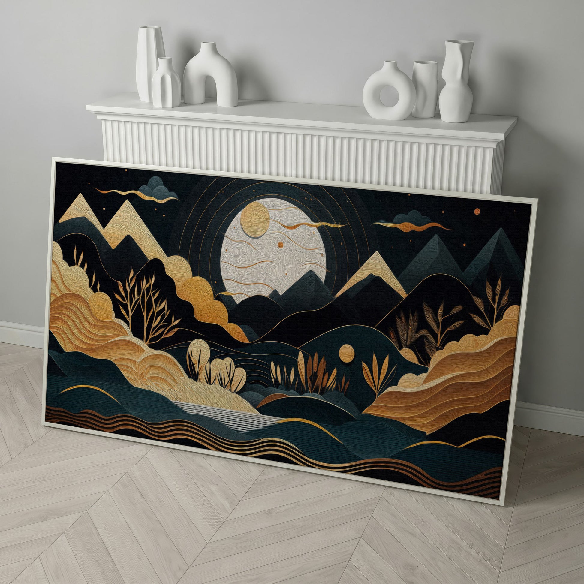 Full Moon Landscape Canvas with Golden Mountains in white floating frame