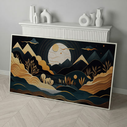 Full Moon Landscape Canvas with Golden Mountains in white floating frame