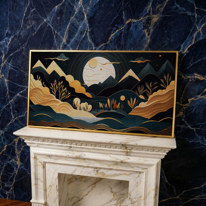 Full Moon Landscape Canvas with Golden Mountains in yellow gold floating frame