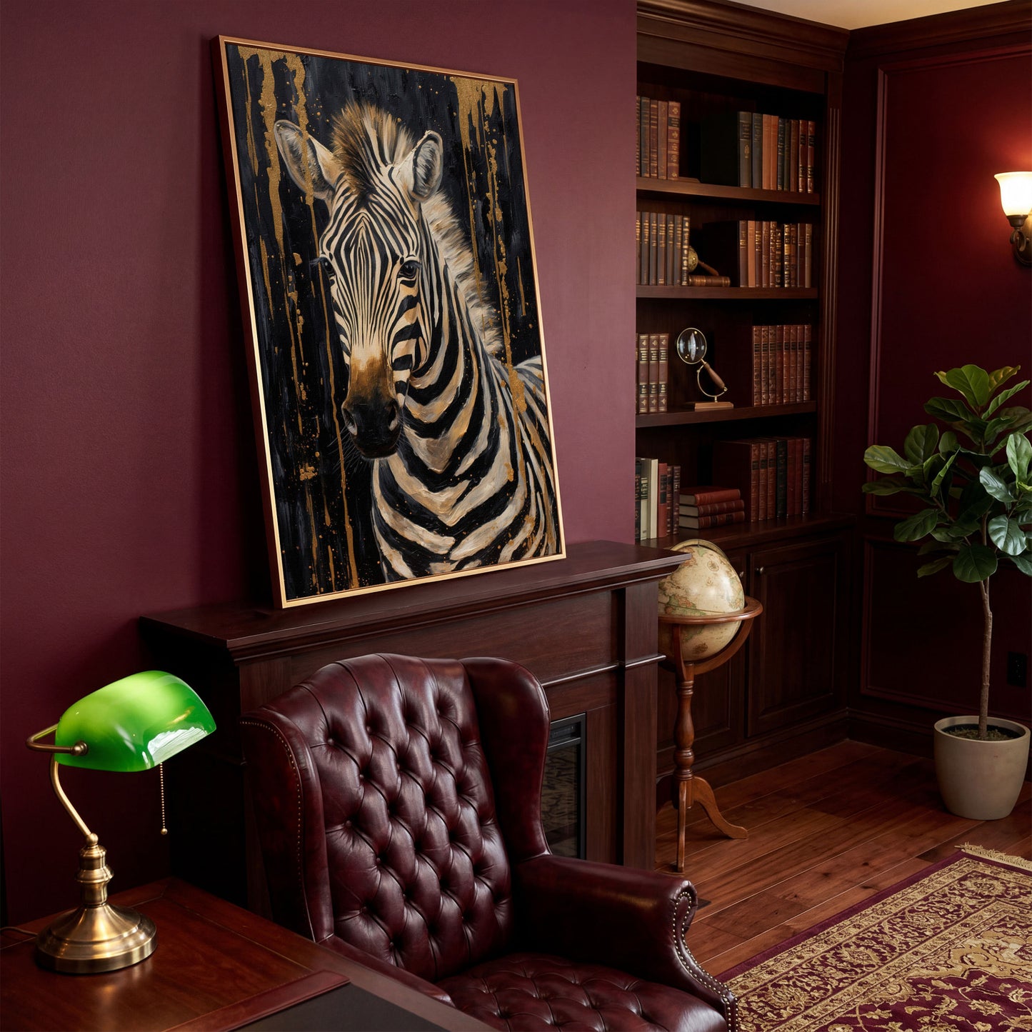 Abstract Gold Zebra on Black Canvas Print in antique gold floating frame
