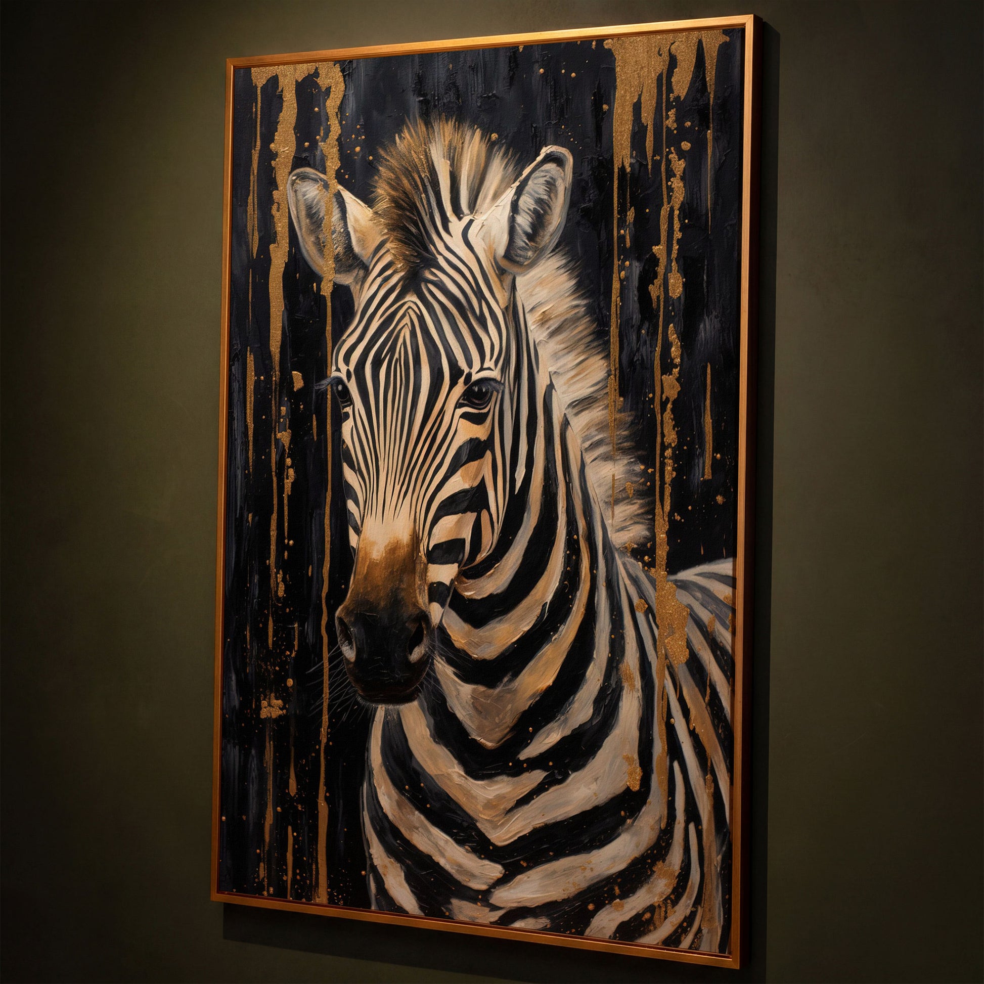 Abstract Gold Zebra on Black Canvas Print shown in antique gold floating frame